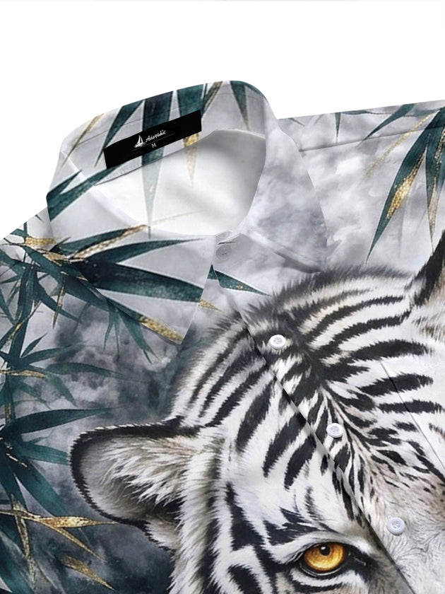 Adaychic Men's Hawaiian White Tiger Face Print Short Sleeve Shirt with Chest Pocket