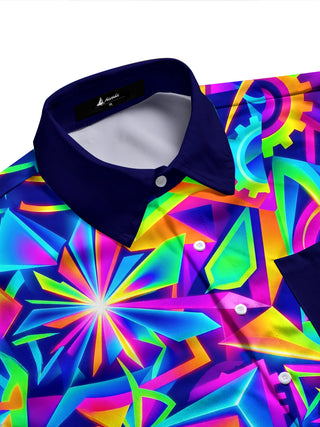 Adaychic Men's Neon Geometric Gears And Abstract Shapes Print Long Sleeve Shirt with Chest Pocket