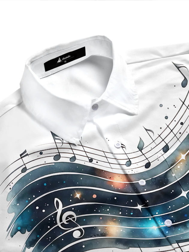 Adaychic Men's Graphic Music Notes On Staff Print Short Sleeve Shirt with Chest Pocket