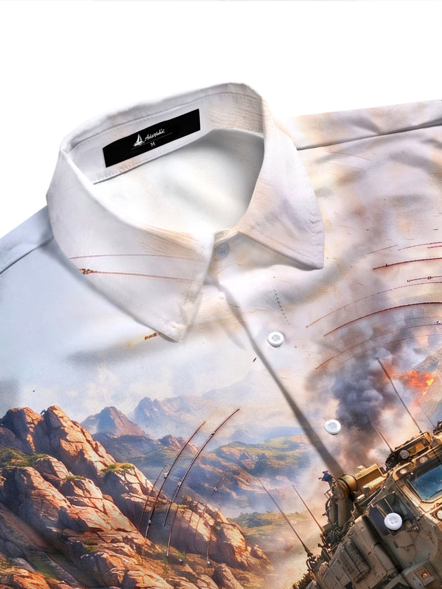 Adaychic Men's Long Sleeve Shirt - Military Combat Scene With Armored Vehicle And Soldiers Print with Chest Pocket
