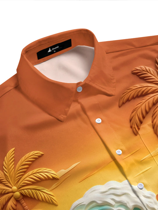 Adaychic Men's Palm Tree And Surfboard Sunset Wave Print Short Sleeve Shirt with Chest Pocket