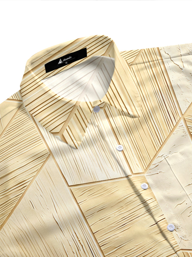 Adaychic Men's 3D 3D Wood Grain Geometric Mosaic Print Short Sleeve Shirt with Chest Pocket