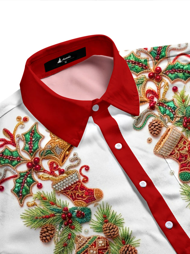 Adaychic Men's Christmas Stockings And Ornaments Print Long Sleeve Shirt with Chest Pocket