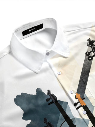 Adaychic Men's Graphic Violin Silhouette Print Short Sleeve Shirt with Chest Pocket