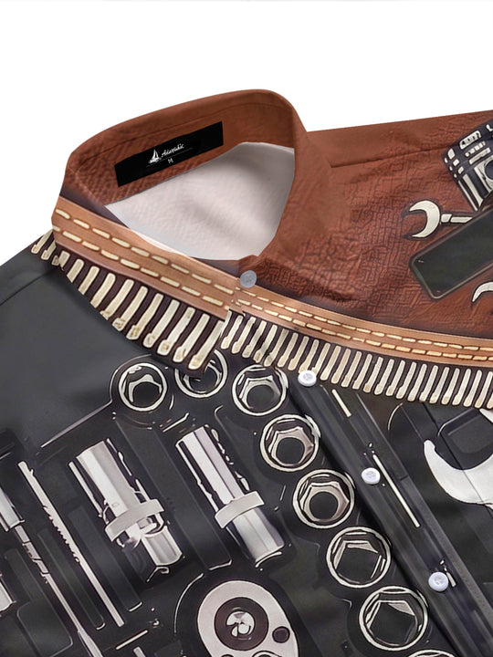 Adaychic Men's Printed Mechanical Tool Set Print Short Sleeve Shirt with Chest Pocket