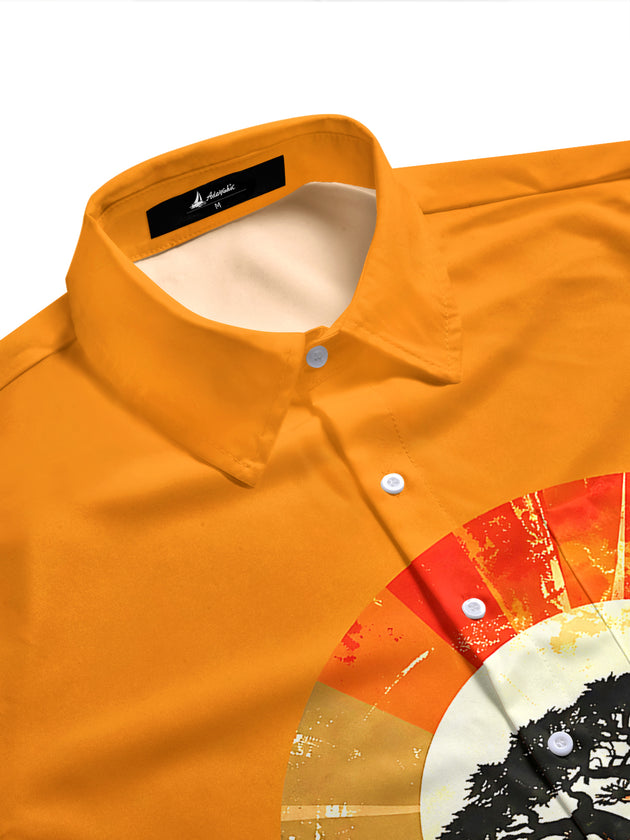 Adaychic Men's Vintage Style Acacia Tree Sunset Print Short Sleeve Shirt with Chest Pocket