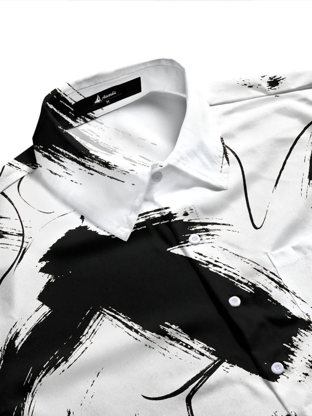 Adaychic Men's Printed Abstract Black Brushstrokes Print Long Sleeve Shirt with Chest Pocket