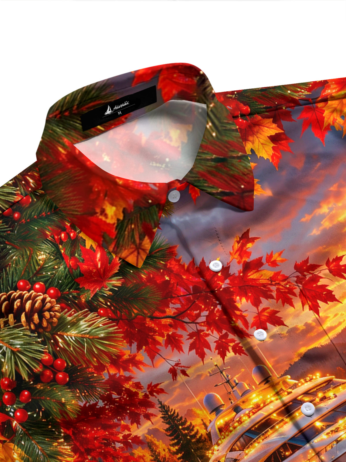 Adaychic Men's Short Sleeve Shirt - Cruise Ship With Christmas Wreath And Autumn Leaves Print with Chest Pocket