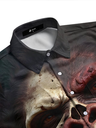 Adaychic Men's Graphic 3D Orangutan Skull And Face Print Long Sleeve Shirt with Chest Pocket