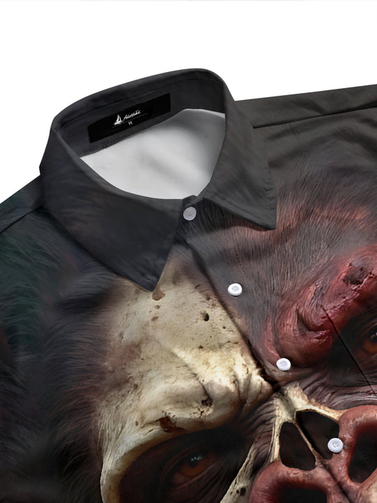 Adaychic Men's Graphic 3D Orangutan Skull And Face Print Long Sleeve Shirt with Chest Pocket