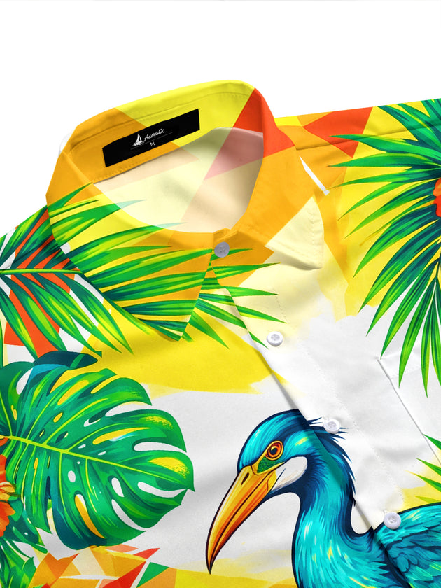 Adaychic Men's Hawaiian Blue Pelican And Pineapple Print Short Sleeve Shirt with Chest Pocket