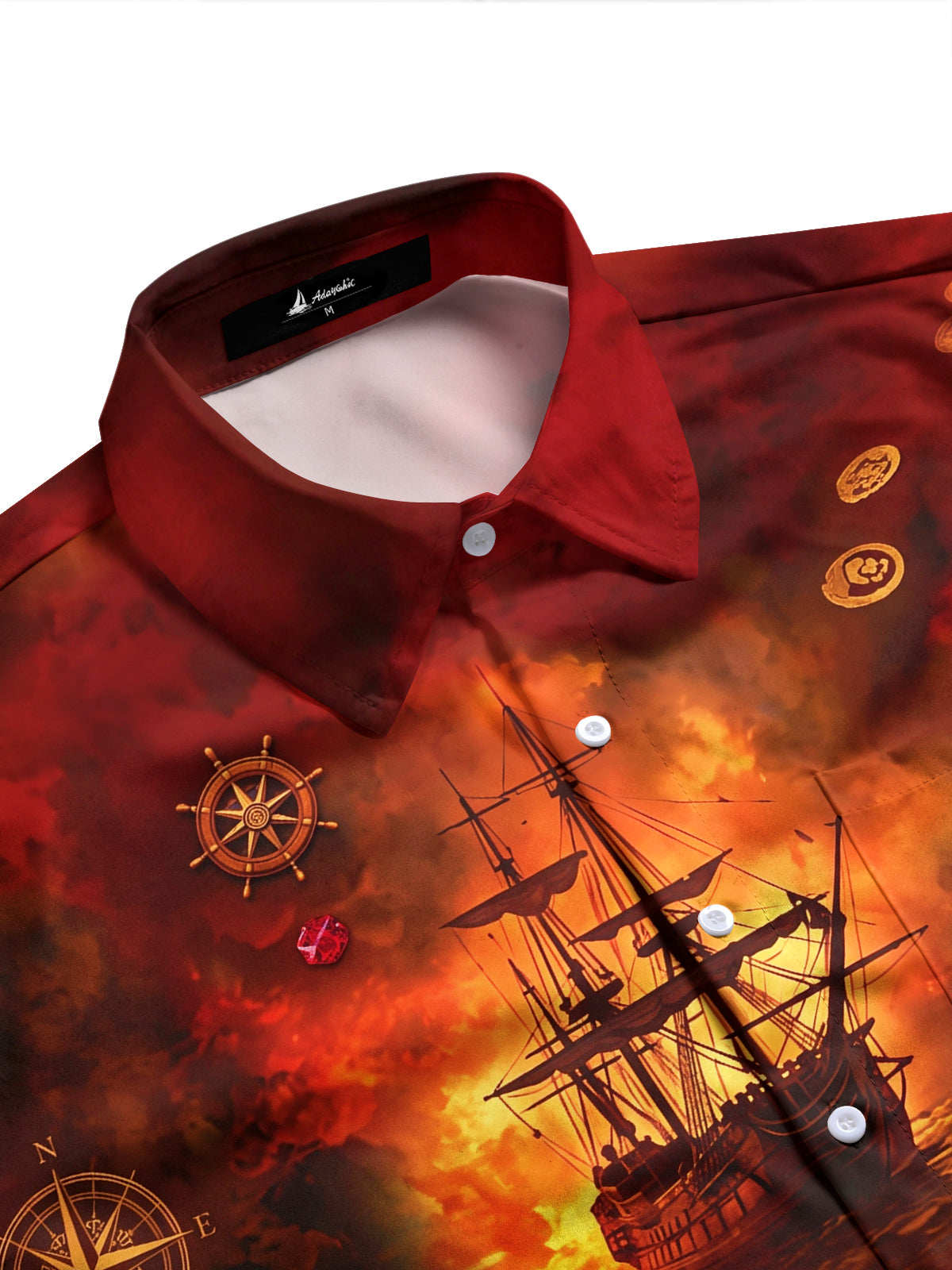 Adaychic Men's Printed Pirate Ships And Treasure Print Long Sleeve Shirt with Chest Pocket