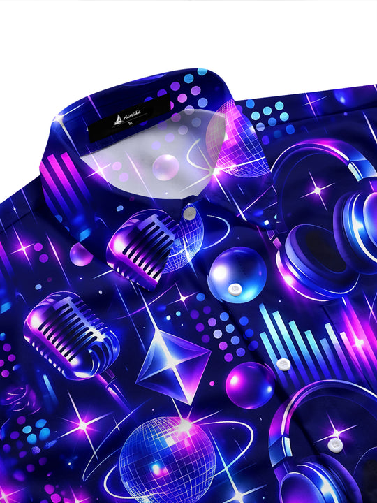 Adaychic Men's Neon Music Equipment And Disco Balls Print Short Sleeve Shirt with Chest Pocket