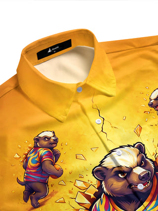 Adaychic Men's Hawaiian Honey Badger Rugby Player Print Short Sleeve Shirt with Chest Pocket