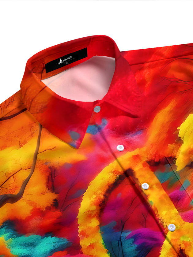 Adaychic Men's Graphic Autumn Peace Symbol Print Short Sleeve Shirt with Chest Pocket