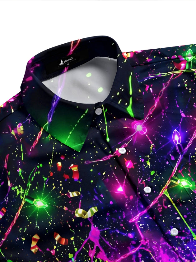 Adaychic Men's Graphic Christmas Lights And Confetti Print Long Sleeve Shirt with Chest Pocket