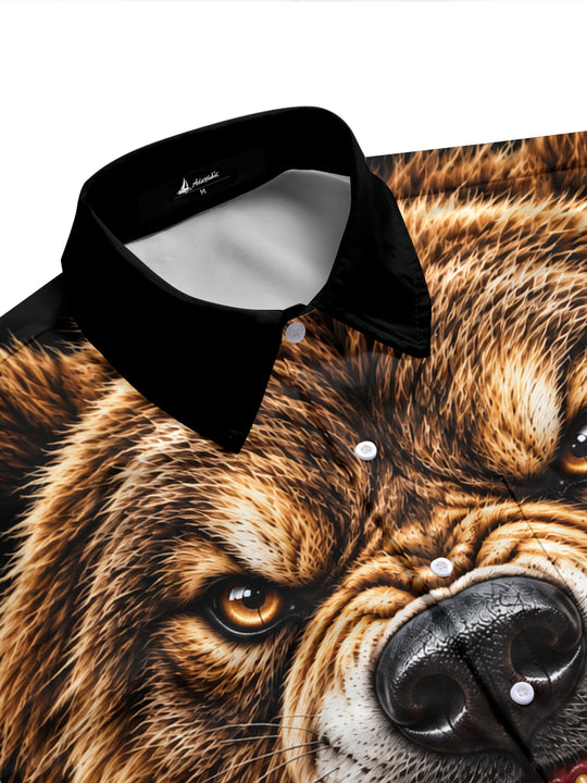 Adaychic Men's Graphic Roaring Bear Face Print Short Sleeve Shirt with Chest Pocket