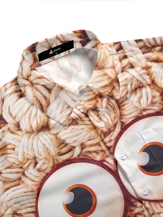 Adaychic Men's Graphic 3D Knitted Monster Face Print Short Sleeve Button Down Shirt with Chest Pocket