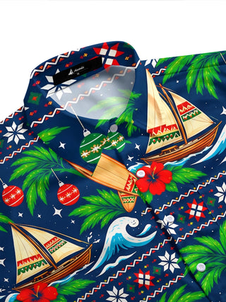 Adaychic Men's Christmas Ornaments And Sailboats Print Short Sleeve Shirt with Chest Pocket