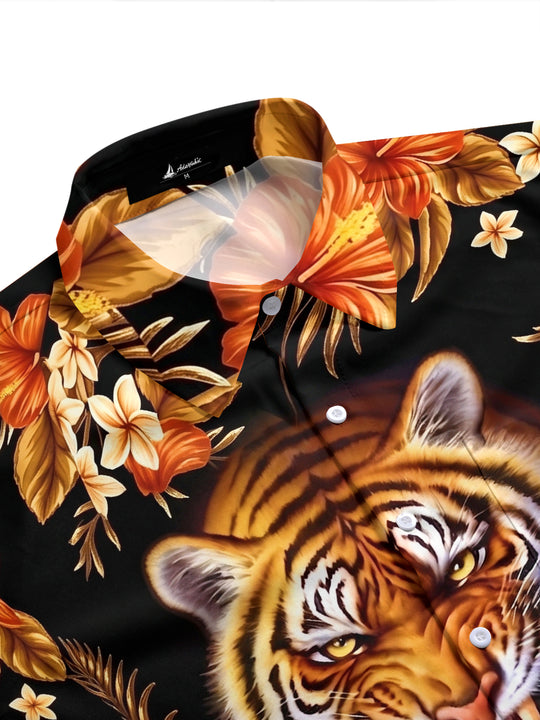 Adaychic Men's Hawaiian Tiger Face Print Short Sleeve Shirt with Chest Pocket