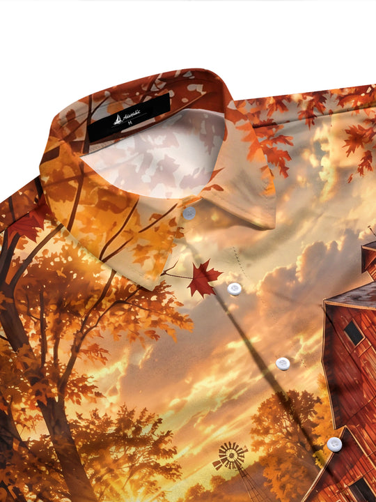 Adaychic Men's Long Sleeve Shirt - Thanksgiving Autumn Farm Barn And Hay Bales Print with Chest Pocket