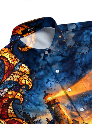 Adaychic Men's Hawaiian Lighthouse And Ocean Sunset Print Short Sleeve Shirt with Chest Pocket