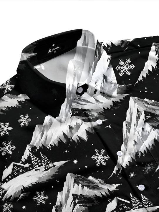 Adaychic Men's Printed Snowy Mountains And Cabins Print Long Sleeve Shirt with Chest Pocket