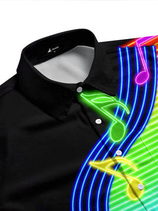 Adaychic Men's Striped Neon Music Notes Print Short Sleeve Shirt with Chest Pocket