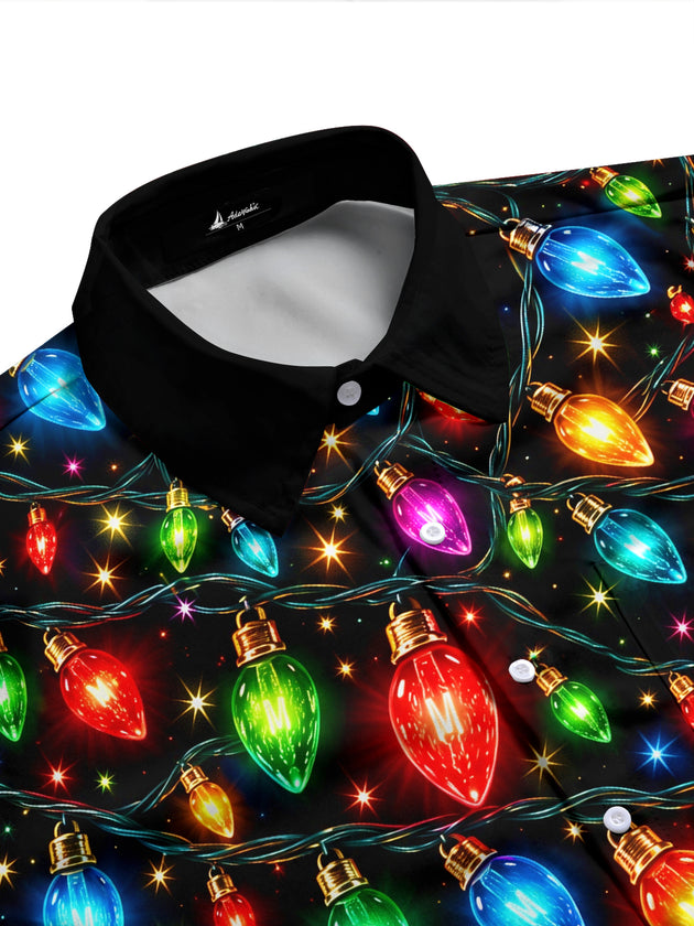 Adaychic Men's Printed Christmas Lights Print Long Sleeve Shirt with Chest Pocket