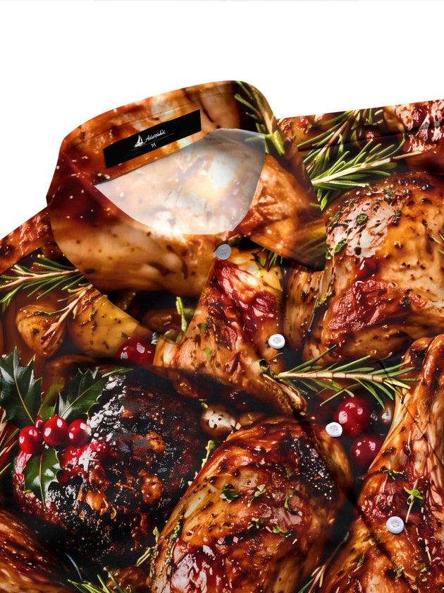 Adaychic Men's Long Sleeve Shirt - Christmas Roast Turkey And Cranberries With Rosemary Print with Chest Pocket