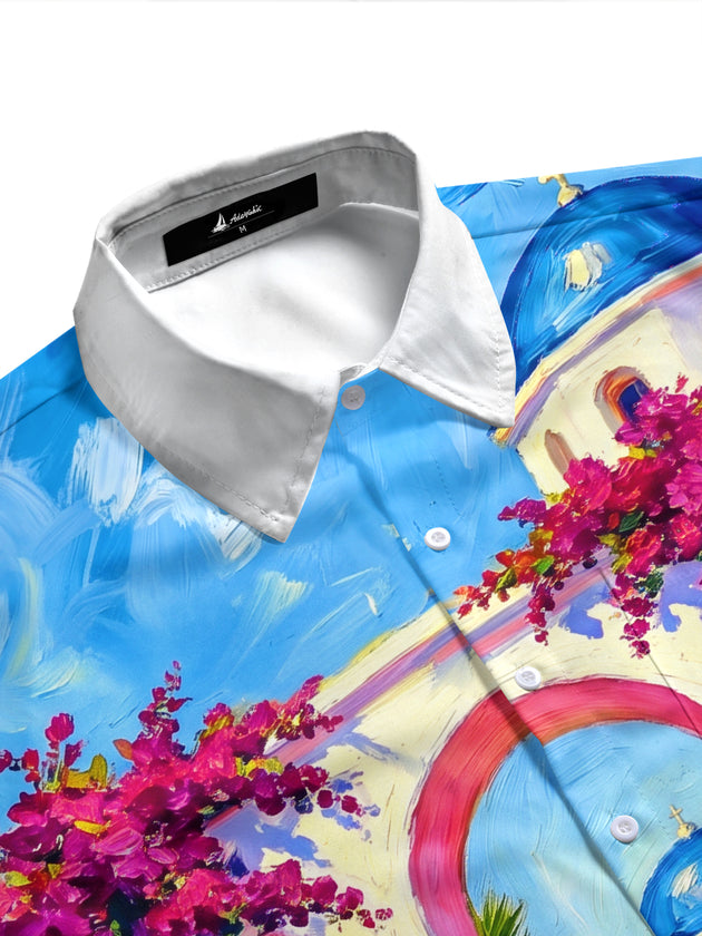 Adaychic Men's Short Sleeve Shirt - Mediterranean Scenery With Blue Domes And Bougainvillea Print with Chest Pocket