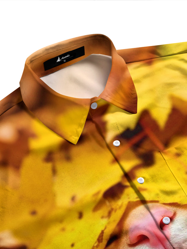 Adaychic Men's Printed Autumn Maple Leaves Print Long Sleeve Shirt with Chest Pocket