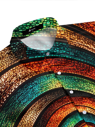 Adaychic Men's Patterned Abstract Swirling Mosaic Pattern Short Sleeve Shirt with Chest Pocket