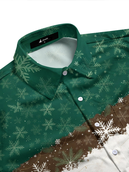 Adaychic Men's Christmas Snowflakes And Pine Branches Print Long Sleeve Shirt with Chest Pocket