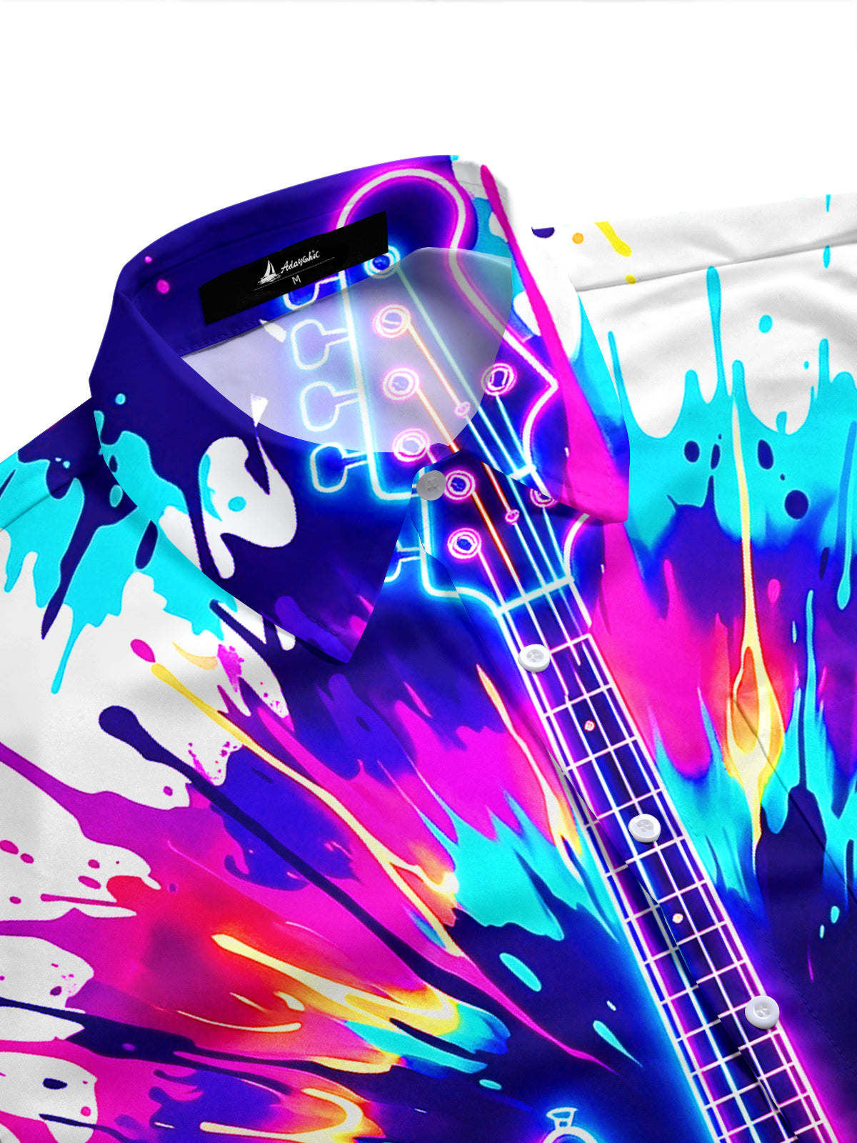 Adaychic Men's Short Sleeve Shirt - Neon Electric Guitar With Splatter Paint Print with Chest Pocket