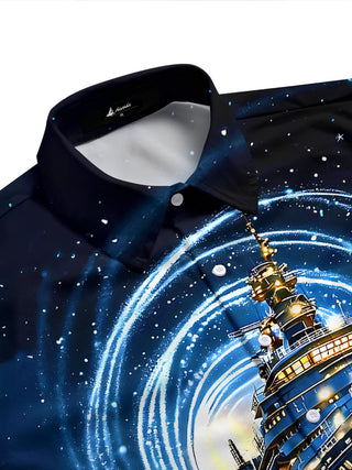 Adaychic Men's Graphic Cruise Ship Print Sled Dogs Print Short Sleeve Shirt with Chest Pocket