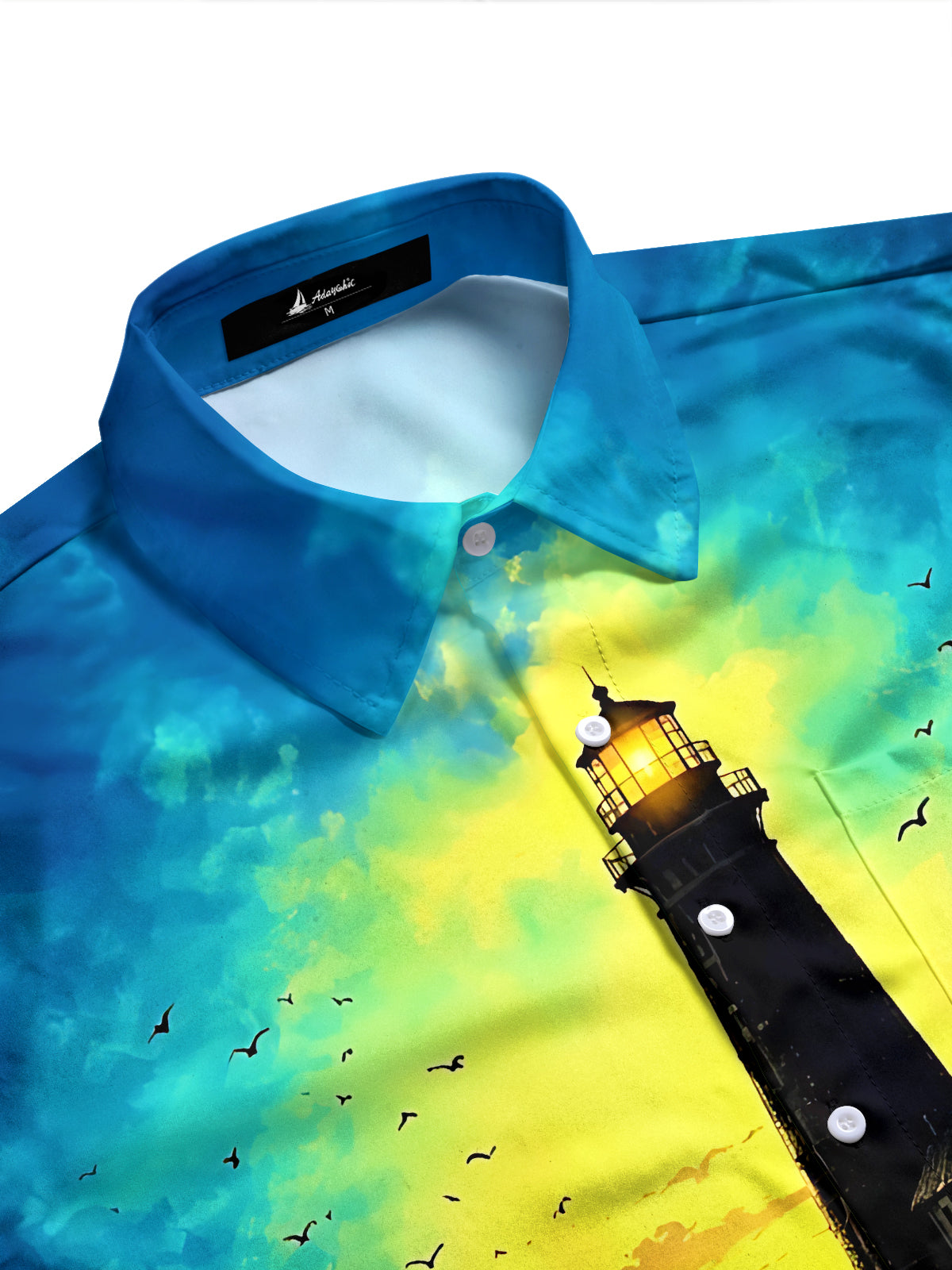 Adaychic Men's Hawaiian Lighthouse And Ocean Sunset Print Long Sleeve Shirt with Chest Pocket