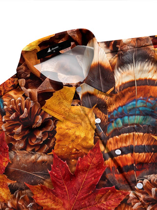 Adaychic Men's Thanksgiving Autumn Leaves And Pinecones Print Long Sleeve Shirt with Chest Pocket