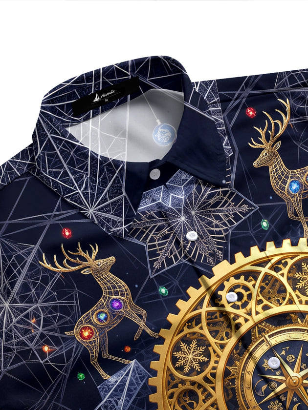 Adaychic Men's Long Sleeve Shirt - Geometric Reindeer And Christmas Ornaments Print with Chest Pocket