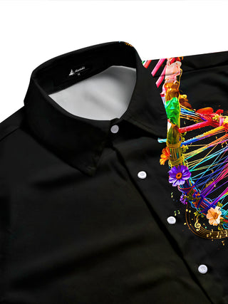 Adaychic Men's Graphic Colorful DNA Helix Print Long Sleeve Shirt with Chest Pocket