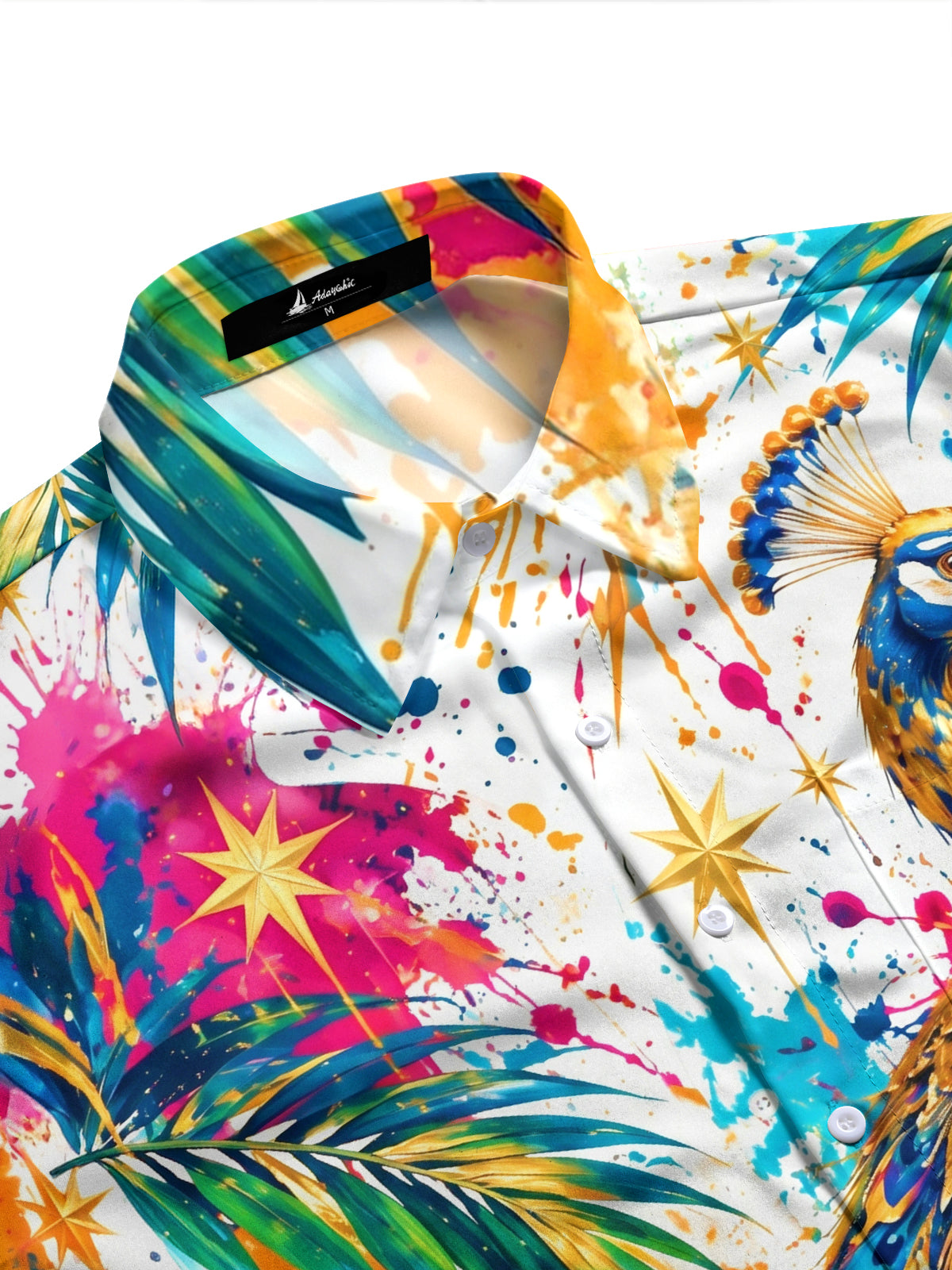 Adaychic Men's Hawaiian Peacock And Palm Leaves Print Long Sleeve Shirt with Chest Pocket