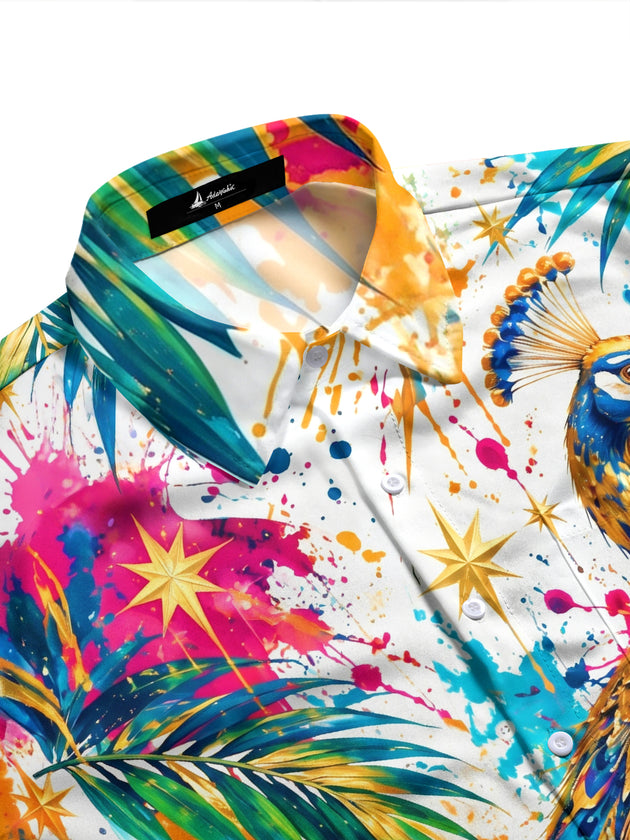 Adaychic Men's Hawaiian Peacock And Palm Leaves Print Long Sleeve Shirt with Chest Pocket