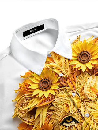 Adaychic Men's Printed Quilled Lion Face Print Short Sleeve Shirt with Chest Pocket
