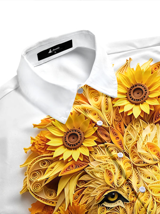 Adaychic Men's Printed Quilled Lion Face Print Short Sleeve Shirt with Chest Pocket