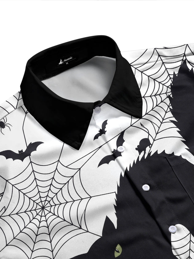 Adaychic Men's Graphic Halloween Black Cat Print Long Sleeve Shirt with Chest Pocket