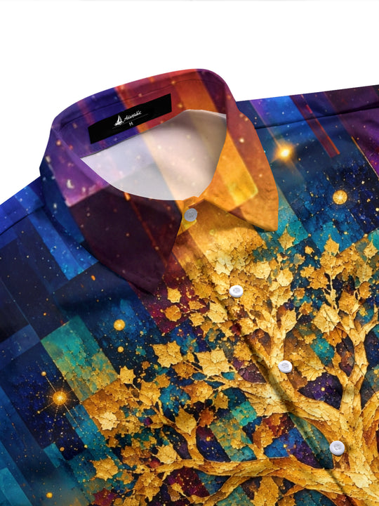 Adaychic Men's Long Sleeve Shirt - Golden Tree Of Life With Geometric Background Print with Chest Pocket