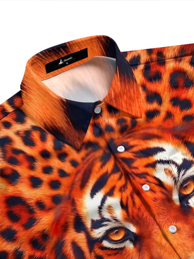 Adaychic Men's Tiger Face Print Long Sleeve Stand Collar Shirt