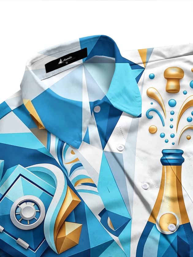 Adaychic Men's Graphic Champagne Bottle Print Long Sleeve Shirt with Chest Pocket