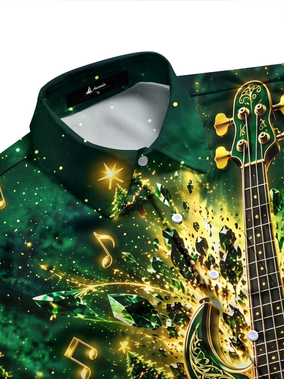 Adaychic Men's Printed Bass Guitar And Christmas Trees Print Long Sleeve Shirt with Chest Pocket