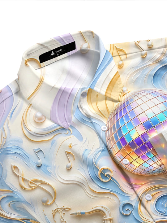 Adaychic Men's Graphic Disco Ball Print Short Sleeve Shirt with Chest Pocket